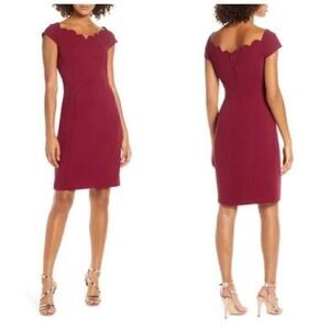 New women’s Harlyn Burgundy Dress Scalloped large short sleeve semi formal midi